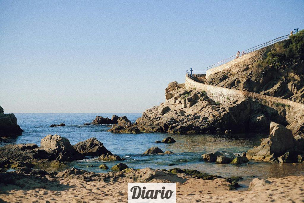 Beach with People Walking up the Stairs, Lloret De Mar, Catalonia, Spain